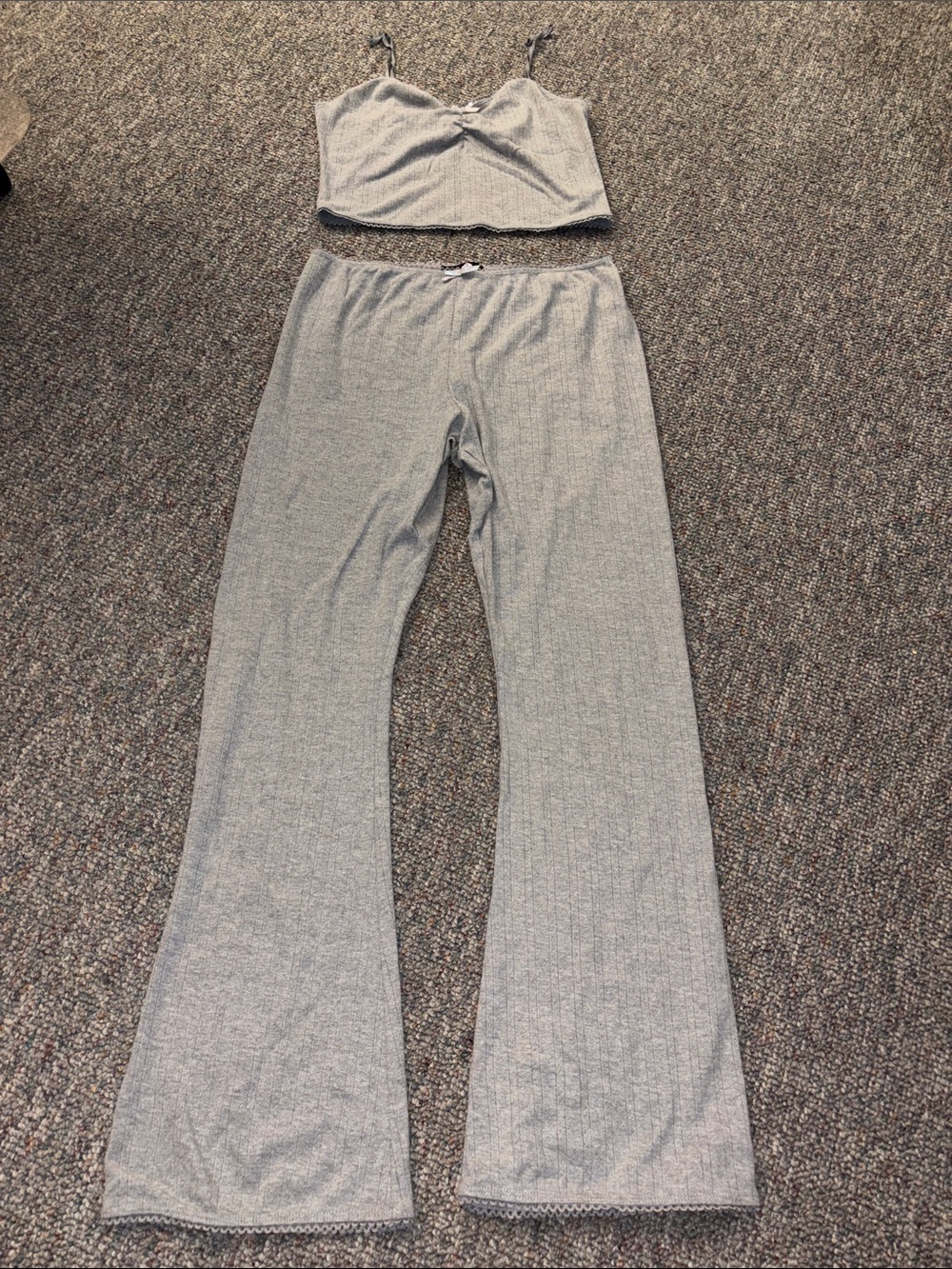 Lulu's Heather Gray Ribbed Crop Camisole & Wide-Leg Pajama Set